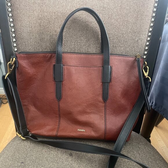 Fossil Skylar Satchel Top Handle Bag Brown Leather Black Suede Accent - Picture 1 of 12